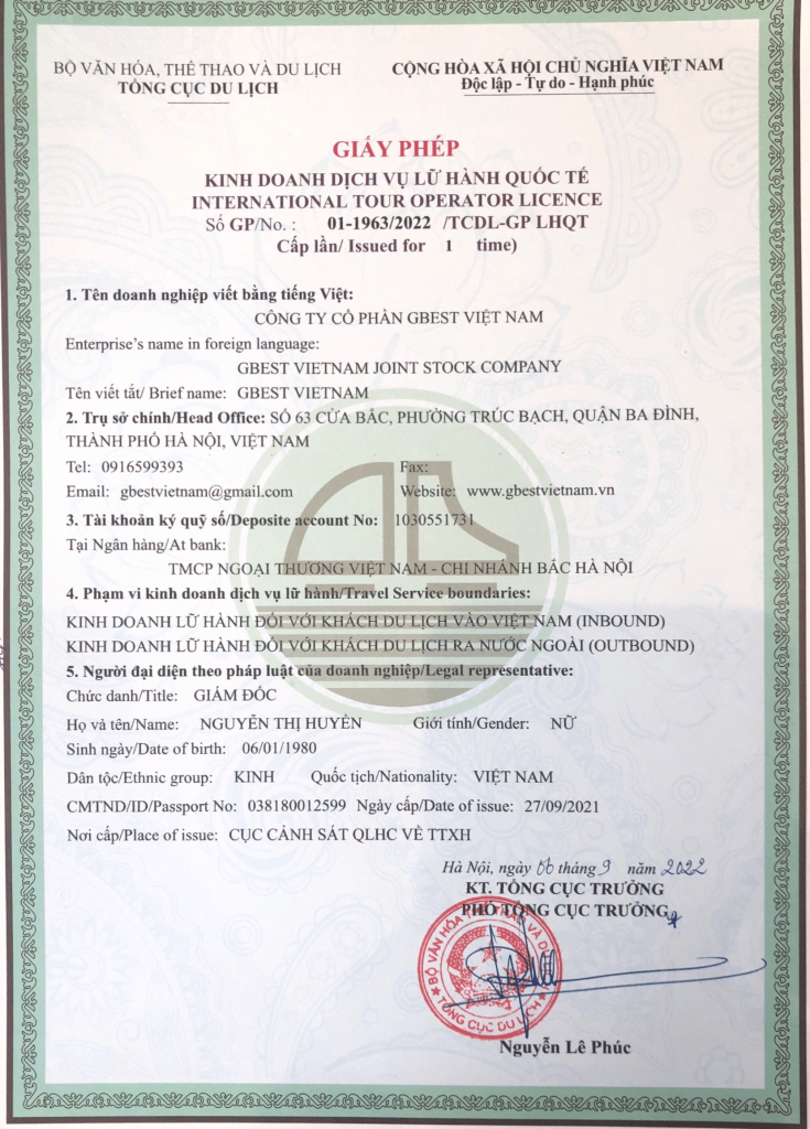 Giấy đăng ký kinh doanh lữ hành Công ty Cổ phần GBest Việt Nam
